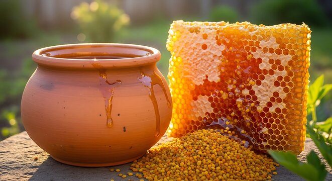 Fresh honey in a clay jar with golden honeycomb and bee pollen on a wooden table outdoors. miel pot