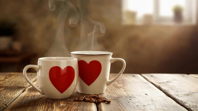 Two steaming coffee mugs with red hearts on a rustic wooden table creating cozy romantic atmosphere
