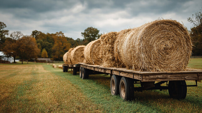 Hay bales stacked on a flatbed trailer sit in an open field under a cloudy sky, representing the harvest season and traditional agricultural transport methods.