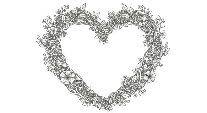 Hand Drawn Floral Heart Wreath Line Art Illustration