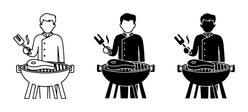 Grill Master Icons: Chef Cooking Steak on BBQ, Silhouette & Outline Variations for Food Service & Outdoor Dining