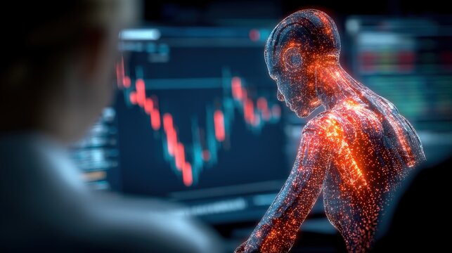 AI trading and market analysis with humanoid robot and analyst at workstation, algorithmic investing dashboard concept