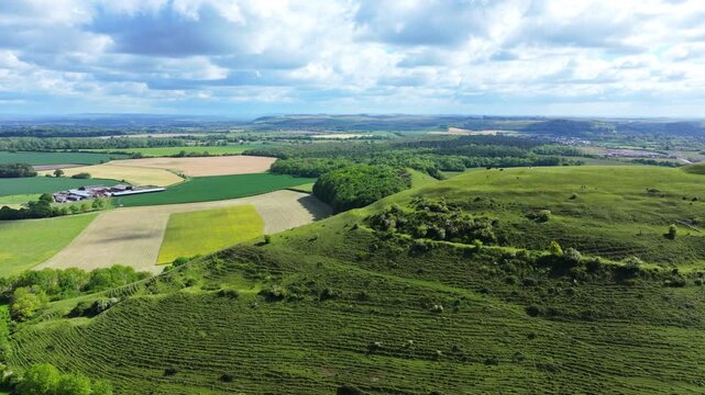 Aerial shot of Cley Hill in Wiltshire, UK