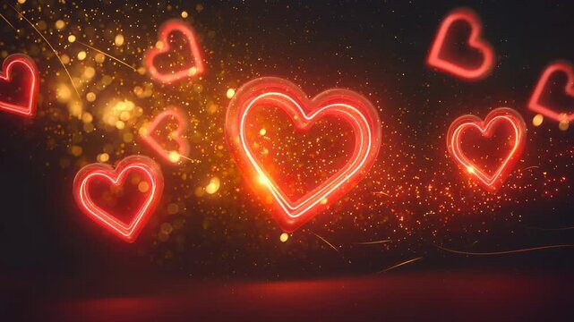 Glowing red neon hearts sparkling and floating gently through dark shimmering space background