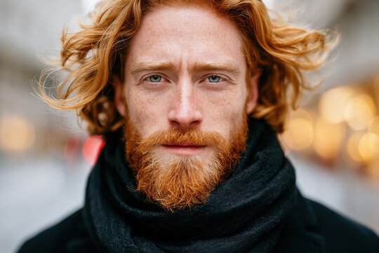 Charismatic red-haired man with long flowing hair and beard wearing a black scarf, standing outdoors with blurred lights in the background