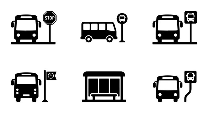 Bus Stop Icons Set, Public Transport Vector Graphics, Urban Commute Symbols, City Travel Collection