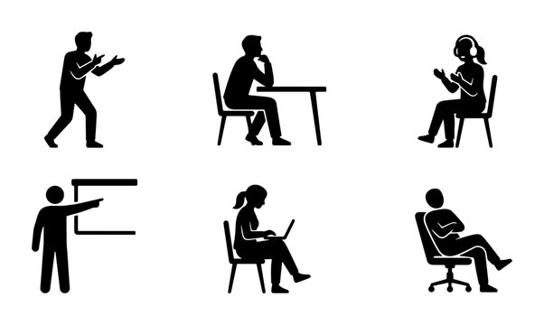 Diverse Stick Figure People Poses, Business Meeting, Presentation, Office Work, Casual Sitting, 6 Icon Set