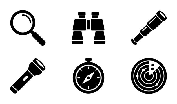 Exploration Icons Set: Magnifying Glass, Binoculars, Telescope, Flashlight, Compass, Radar. Discovery and Navigation Symbols.