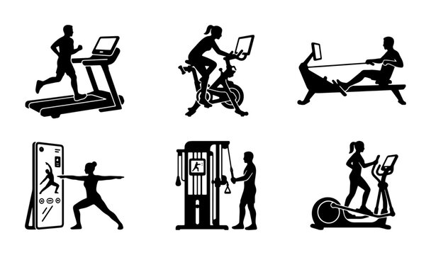 Fitness Equipment Icons Set, Gym Machine Silhouettes, Workout Machine Vector Graphics, Health Club Equipment Collection