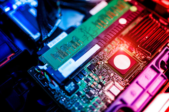 Close-up of Computer Motherboard and RAM Modules