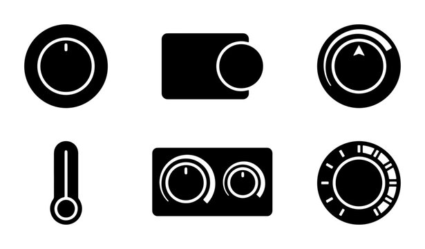 Set of 6 Black Control Knobs and Thermometer Icons, Vector Graphics for UI Design and Technical Applications