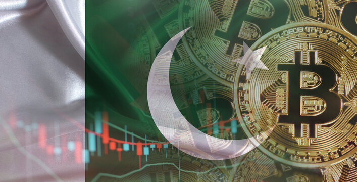 Bitcoin cryptocurrency with Pakistan flag, Investors in Blockchain Technology. Pakistani flag with Bitcoins in the background