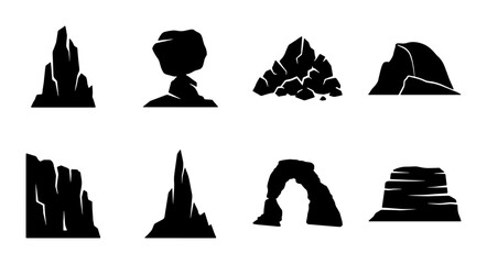 Rock Formations Vector Icons, Geological Structures Silhouette Set, Natural Stone Shapes Collection, Mountain Peaks and Arches Graphics © Mehedi