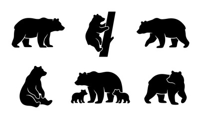 Black Bear Silhouettes Collection, Wildlife Animal Icons, Nature Forest Mammal Vector Graphics, Cub and Parent Poses, Climbing and Standing © Mehedi