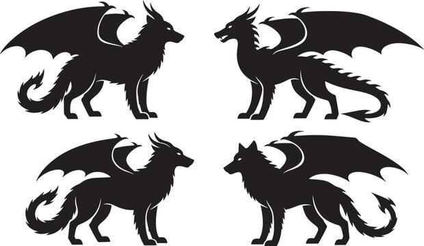 Mythical dragon wolf hybrid creature silhouettes featuring majestic wings sharp horns and powerful wolf bodies.
