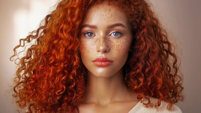 Close up cinematic video of a young woman with vibrant curly red hair striking confident pose