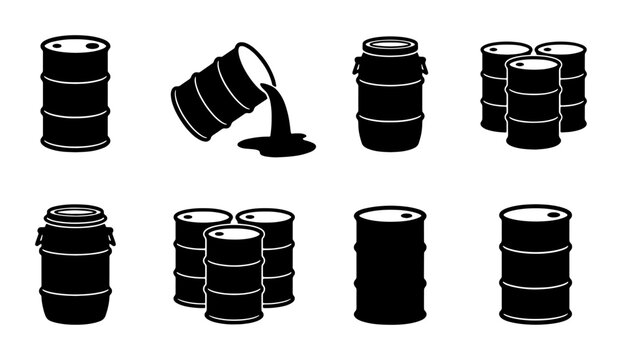 Black Oil Drum Icons Set, Industrial Barrel Graphics, Liquid Container Vector Collection, Chemical Storage Silo Symbols