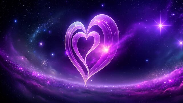 Glowing cosmic heart made of shimmering purple light floating in space with magical glowing effect