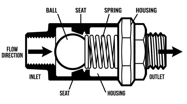 Diagram of a check valve with labels indicating flow direction.