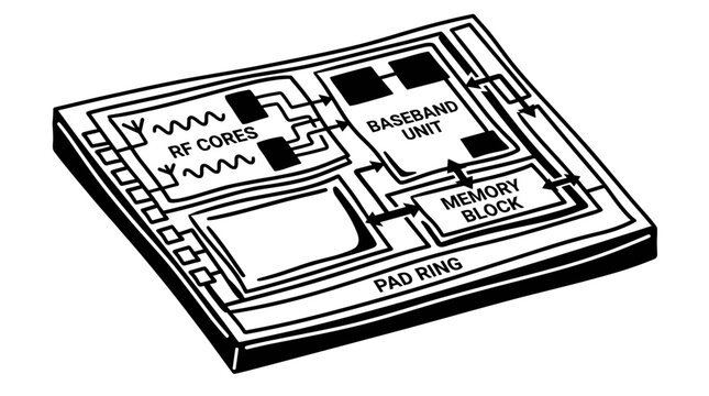 Diagram of a complex integrated circuit chip with labeled components.