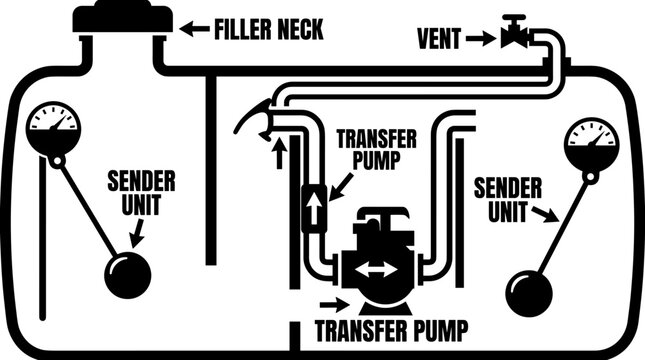 Diagram of a fuel tank system with sender units and transfer pump.