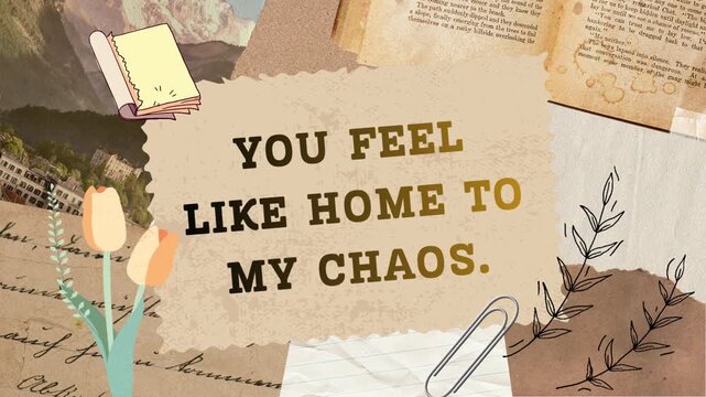 Aesthetic scrapbook animation with romantic quote You Feel Like Home to My Chaos