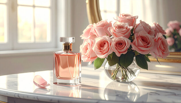 Elegant perfume and rose bouquet display