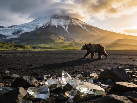 Raw Kamchatka Nature Majestic Brown Bear and Active Volcanoes