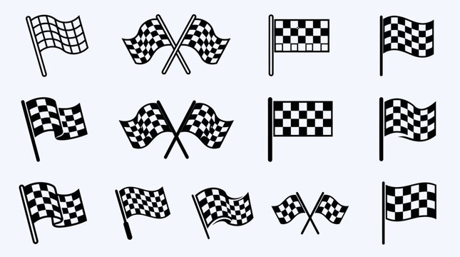 Checkered racing flags collection vector icons for motorsports and competition