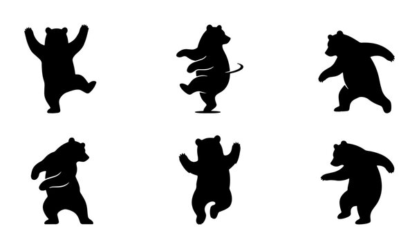 Dancing Bear Silhouettes, Playful Animal Poses Vector Set, Whimsical Wildlife Graphics for Children's Designs and Entertainment Concepts
