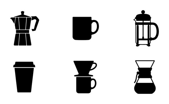 Coffee Maker Icons Set, Black Silhouette Brew Equipment, Espresso Machine, French Press, Pour Over, Takeaway Cup, Ceramic Mug, Chemex, Vector Graphics for Cafe and Beverage Design