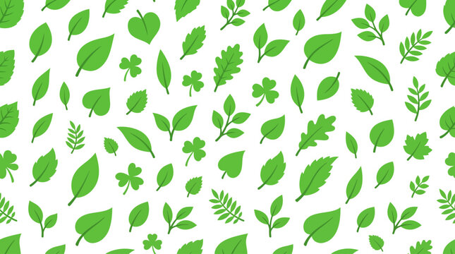 Seamless pattern of green leaves and clover on white background
