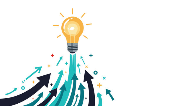 Light bulb launching into the air like a space rocket with many colorful arrows pointing towards the sky.