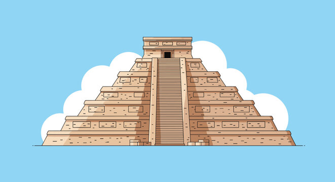 Majestic ancient Mayan pyramid temple structure under a bright blue sky with fluffy white clouds for travel.