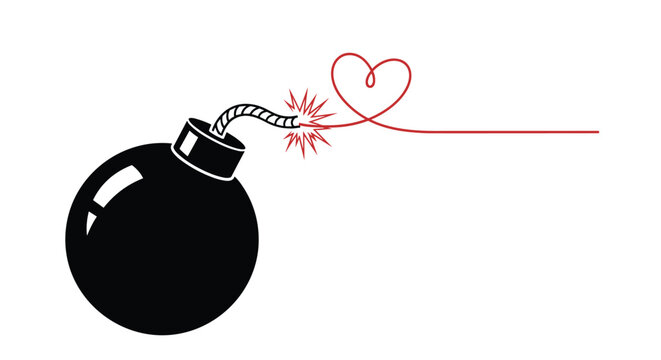 Black circular bomb with a red glowing heart-shaped fuse trailing off to the side on a white background for love.