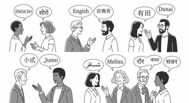 Diverse People Talking with Speech Bubbles in Different Languages