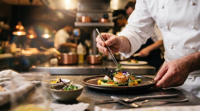 Chef meticulously garnishing a gourmet scallop dish in a professional kitchen