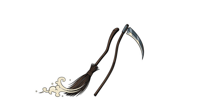Hand-drawn style illustration of a witchs flying broomstick next to a grim reapers sharp scythe representing spooky halloween themes.