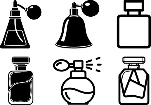 Black and white illustrations of various perfume bottles and sprayers in different shapes