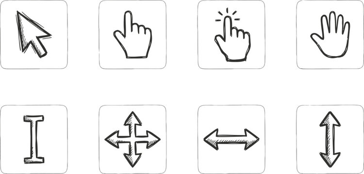 Hand drawn computer cursor icons set, 8 black and white doodle mouse pointers, sketchy interface navigation arrows and hand symbols for web design