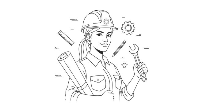 Female Engineer or Architect with Construction Tools Line Art Illustration