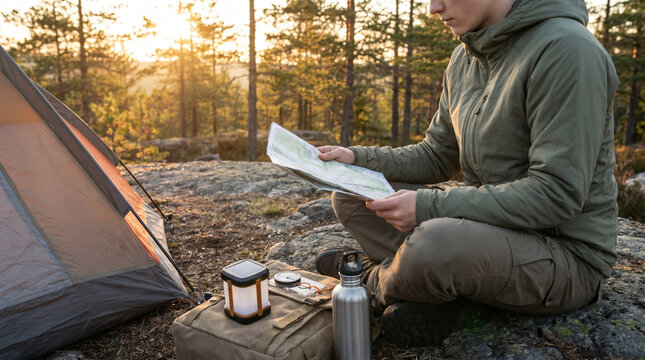 Camper reading map in forest during outdoor adventure trip, travel exploration and wilderness survival lifestyle concept.