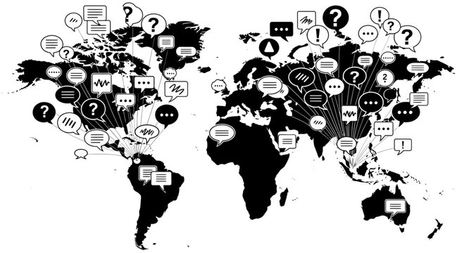 Global Communication Concept Map with Speech Bubbles and World Map