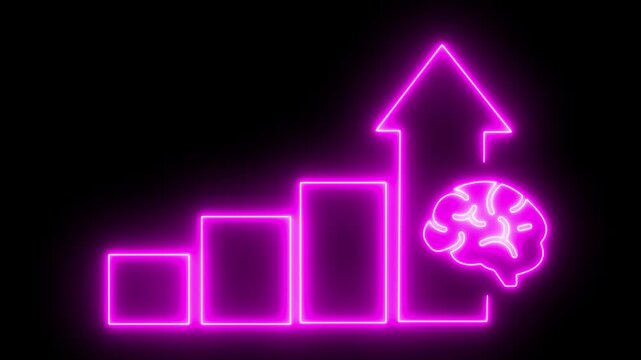 Neon growth chart with brain concept of intellectual development and business success glowing purple