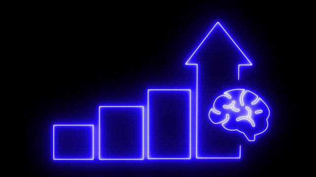 Neon growth chart with brain conceptual visualization of cognitive development, business intelligence, and success