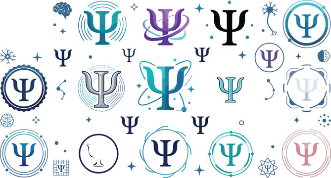 Psychology Symbol and Psi Icon Collection Vector Illustration with Mental Health Signs, Psychiatry Logos, and Scientific Greek Letter Designs