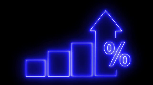 Neon blue financial growth bar chart with rising percentage arrow for business success and economic analysis