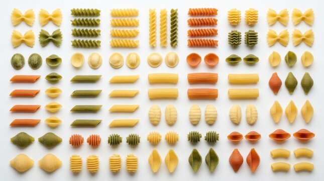 Colorful assortment of various pasta shapes for food photography isolated on white background