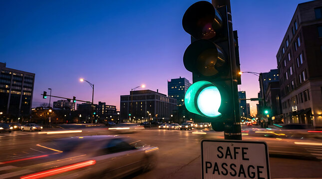 Green traffic signal illuminated at night in a bustling city intersection with blurred car motion