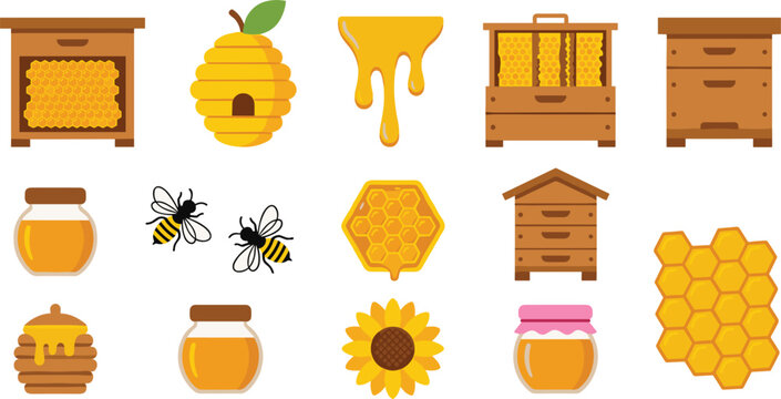 Honey and Beekeeping Flat Vector Icon Set Featuring Beehive Wooden Hive Honeycomb Jars Sweet Dripping Honey and Sunflowers for Natural Product Branding